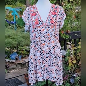 THML by Athropology Womens Floral, Leopard Print Short Sleeve Midi Dress Size M